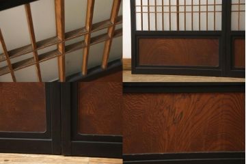 アンティーク建具　腰板欅(ケヤキ)材　上質な和を演出してくれる格子ガラス戸4枚セット(引き戸、建具)(R-059166)