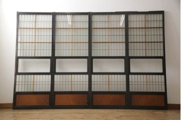 アンティーク建具　腰板欅(ケヤキ)材　上質な和を演出してくれる格子ガラス戸4枚セット(引き戸、建具)(R-059166)