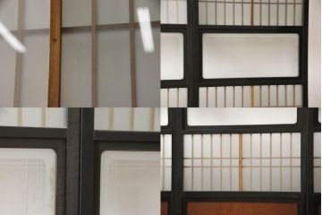 アンティーク建具　腰板欅(ケヤキ)材　上質な和を演出してくれる格子ガラス戸4枚セット(引き戸、建具)(R-059166)