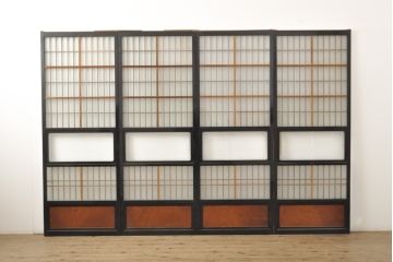 アンティーク建具　腰板欅(ケヤキ)材　上質な和を演出してくれる格子ガラス戸4枚セット(引き戸、建具)(R-059166)