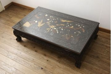 和製ビンテージ　最高級　総紫檀(シタン)彫刻　花鳥図と龍の総彫りが高級感たっぷりな、ガラス天板付き座卓(定価約200万円)(ローテーブル、ヴィンテージ)(R-059196)