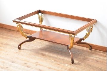 中古　美品　イタリア　六本木アピス　ガラス天板　白鳥デザインが気品あふれるセンターテーブル(リビングテーブル、ローテーブル)(R-059202)