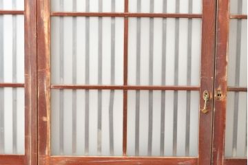 アンティーク建具　力強い木目が目を引くガラス入り玄関戸4枚セット(格子戸、ガラス戸、引き戸)(R-059203)