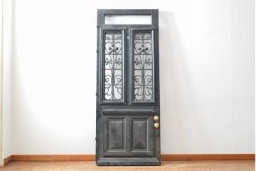 アンティーク建具　フランスアンティーク　お洒落なアクセントになるロートアイアンフェンス入りのドア1枚(扉、木製ドア、玄関ドア、建具)(R-059205)