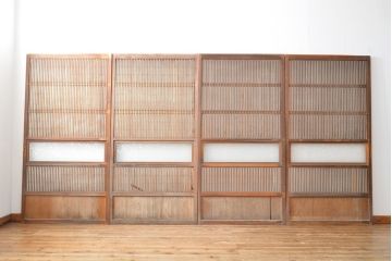 アンティーク建具　昭和初期　模様ガラス　細やかな桟が魅力の裏障子付き格子戸4枚セット(帯ガラス戸、引き戸、障子戸、建具)(R-059211)