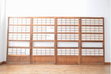アンティーク建具　昭和初期　模様ガラス　細やかな桟が魅力の裏障子付き格子戸4枚セット(帯ガラス戸、引き戸、障子戸、建具)(R-059211)