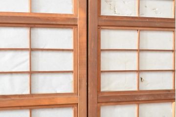 アンティーク建具　昭和初期　模様ガラス　細やかな桟が魅力の裏障子付き格子戸4枚セット(帯ガラス戸、引き戸、障子戸、建具)(R-059211)
