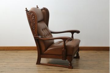 希少な絶版品　モリシゲ(MORISHIGE/森繁)　本革(レザー)　クラシカルな空間を演出する凝ったデザインが魅力の1人掛けソファ(1P、一人掛け)(定価約38万円)(R-059219)