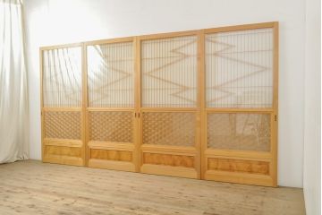 中古　美品　最高級　シンメトリーなデザインが目を引く組子入りガラス帯戸4枚セット(帯戸、引き戸、ガラス戸、建具)(R-059228)