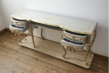 イタリアビンテージ　六本木アピス　ロココ調　シルバーゴールドの装飾がきらびやかな高級コンソールテーブル(定価約80万円)(サイドテーブル、サイドデスク、ヴィンテージ)(R-059245)