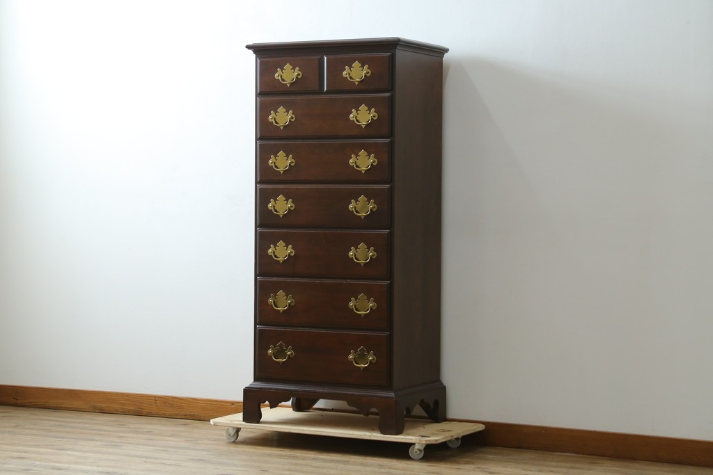 中古　美品　カナダ　ダーラム・ファニチャー(Durham Furniture)　エレガントなデザインの金具が目を引くトールチェスト　(R-059253)