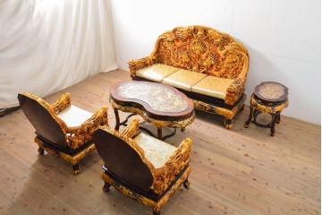 ヴィンテージ家具　超激レア!!　中国美術　王座デザイン　皇帝　黄金に輝く龍の彫刻が高貴な雰囲気を高める3人掛けソファ(ソファベンチ、3P、ビンテージ、チェア、イス、椅子)(R-059282)