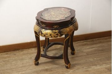 ヴィンテージ家具　超激レア!!　中国美術　王座デザイン　皇帝　まるで美術品のよう、黄金に輝く龍の彫刻が魅力的なサイドテーブル(コーヒーテーブル、ナイトテーブル、花台、電話台、ビンテージ)(R-059284)