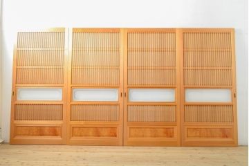 ビンテージ建具　超美品　美しい桟が魅力的な裏障子付き格子戸4枚セット(帯ガラス戸、引き戸、障子戸、建具、ヴィンテージ)(R-059287)