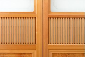 ビンテージ建具　超美品　美しい桟が魅力的な裏障子付き格子戸4枚セット(帯ガラス戸、引き戸、障子戸、建具、ヴィンテージ)(R-059287)