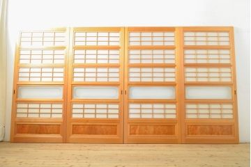 ビンテージ建具　超美品　美しい桟が魅力的な裏障子付き格子戸4枚セット(帯ガラス戸、引き戸、障子戸、建具、ヴィンテージ)(R-059287)