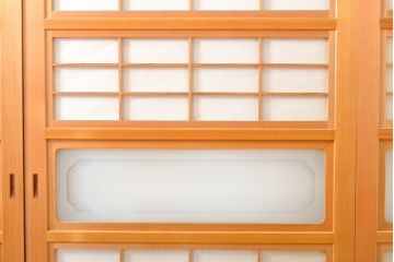 ビンテージ建具　超美品　美しい桟が魅力的な裏障子付き格子戸4枚セット(帯ガラス戸、引き戸、障子戸、建具、ヴィンテージ)(R-059287)