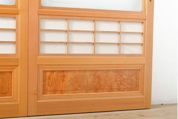 ビンテージ建具　超美品　美しい桟が魅力的な裏障子付き格子戸4枚セット(帯ガラス戸、引き戸、障子戸、建具、ヴィンテージ)(R-059287)