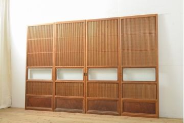 アンティーク建具　昭和初期　高級品!　幅狭タイプ　和の雰囲気を高める裏障子付き格子戸4枚セット(帯ガラス戸、引き戸、障子戸、建具)(R-059288)