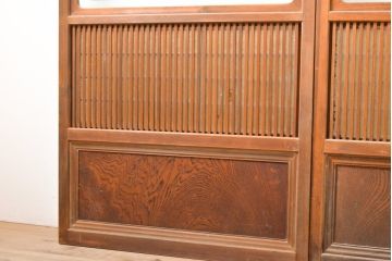 アンティーク建具　昭和初期　高級品!　幅狭タイプ　和の雰囲気を高める裏障子付き格子戸4枚セット(帯ガラス戸、引き戸、障子戸、建具)(R-059288)