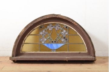 アンティーク建具　大正ロマンの雰囲気あふれるステンドグラス窓+窓枠セット1枚(FIX、はめ殺し、ガラス窓)(R-059306)