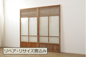 アンティーク建具　昭和初期　お洒落な格子が目を引くすりガラス入りガラス戸2枚セット(引き戸、建具)(R-059317)