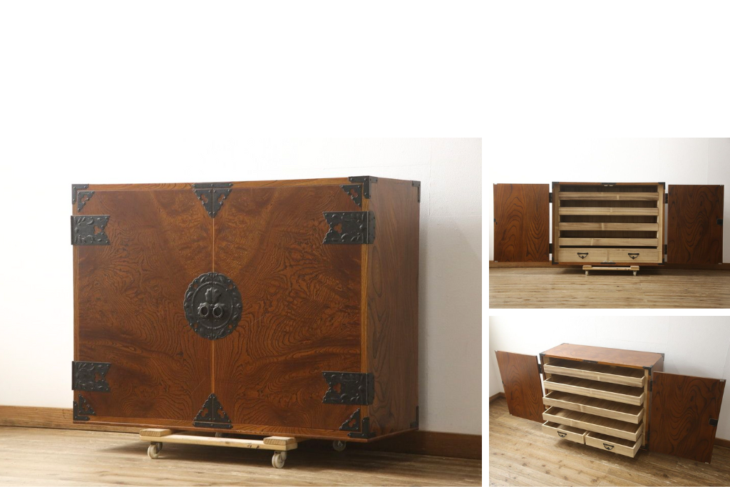 《天板・台輪取り付け加工費込み》中古　美品　岩谷堂箪笥　前面の木目が存在感を放つサイドボード　(R-059414)