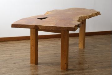 中古　希少!　杢目の素晴らしい欅(ケヤキ)一枚板ダイニングテーブル(食卓、4人掛け)(R-059434)