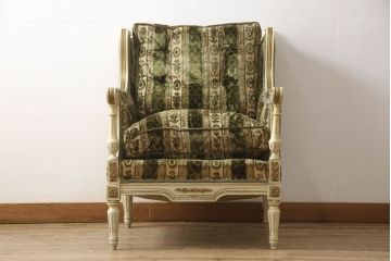 中古　イタリア製　ロココ調　随所にみられる装飾の意匠が見事な1人掛けソファ(定価推定約60万円)(一人掛けソファ、1Pソファ、アームソファ、アームチェア、サロンチェア、椅子)(R-059483)