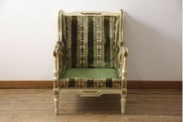 中古　イタリア製　ロココ調　随所にみられる装飾の意匠が見事な1人掛けソファ(定価推定約60万円)(一人掛けソファ、1Pソファ、アームソファ、アームチェア、サロンチェア、椅子)(R-059483)