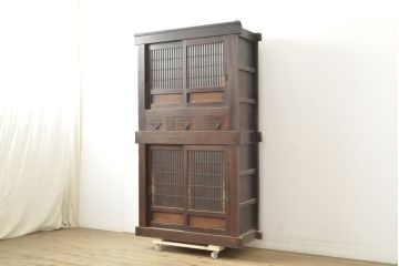 和製アンティーク　長い歳月を重ねた味わいが魅力の三尺水屋箪笥(重ね戸棚、収納棚、戸棚、キャビネット、食器棚)(R-059485)