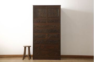 中古　伝統工芸・軽井沢彫り　大坂屋製　満開に咲く桜の彫りが見事な整理タンス(引き出し、チェスト、洋服タンス)(R-059541)