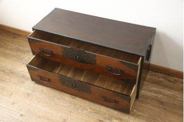 和製アンティーク　美品　前面欅(ケヤキ)・中桐　金具の立派な佐渡箪笥・上段(小木箪笥、和たんす、時代箪笥、収納箪笥、引き出し)(R-059552)