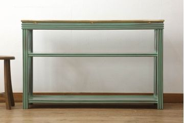 中古　美品　バロッサバレンティ(VARO,S.A. VALENTI)　アルタミラ　グリーンとゴールドの組み合わせが高級感を醸し出すコンソールテーブル(ガラステーブル、ナイトテーブル、飾り棚、陳列棚、店舗什器)(定価約26万円)(R-059565)