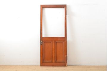 アンティーク建具　昭和初期　ヒノキ(檜)材　レトロな雰囲気が素敵!　大きな窓枠付きの扉1枚(ドア、ガラス扉、建具)(R-059664)