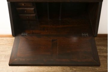 ビンテージ　松本民芸家具　落ち着いた色合いが和モダンな雰囲気を醸し出す重H型ボールフットビューロー(本箱、キャビネット、ワークデスク、ライティングビューロー、ビューローブックケース、ヴィンテージ)(R-059671)
