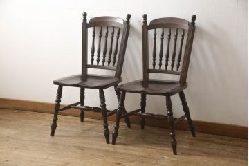ビンテージ家具　松本民芸家具　クラシカルなダイニングづくりにぴったりの安川式スピンドルチェア2脚セット(板座チェア、ダイニングチェア、椅子、ヴィンテージ)(R-059681)