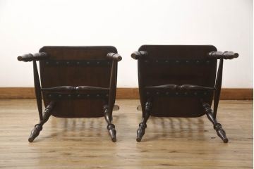 ビンテージ家具　松本民芸家具　クラシカルなダイニングづくりにぴったりの安川式スピンドルチェア2脚セット(板座チェア、ダイニングチェア、椅子、ヴィンテージ)(R-059682)