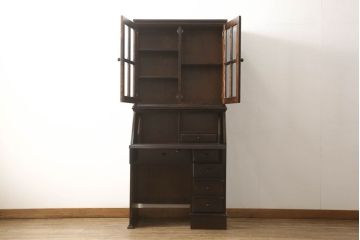 中古　国産　民芸家具　大人の落ち着きのある空間を演出するビューローブックケース(収納棚、戸棚、ライティングビューロー、本箱、在宅ワーク、在宅用、ワークデスク)(R-059734)