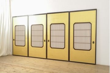 アンティーク建具　高級品　昭和初期　技巧を凝らした七宝引き手が美しい!　障子戸入りふすま(襖)4枚セット(引き戸、建具)(R-059751)