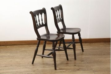 中古　松本民芸家具　#49型A　背もたれの美しいデザインが印象的なワイコムチェア2脚セット(ダイニングチェア、椅子、板座チェア)(R-059791)
