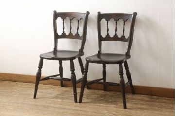 中古　松本民芸家具　#49型A　背もたれの美しいデザインが印象的なワイコムチェア2脚セット(ダイニングチェア、椅子、板座チェア)(R-059792)