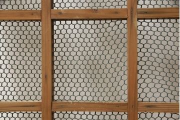 和製アンティーク　シンプルなデザインが取り入れやすい小さな亀甲金網入り引き戸1枚(きつね格子、狐格子、くぐり戸、蔵戸、格子戸、マス目、升目、建具)(R-059796)