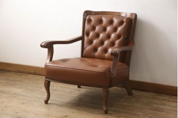 中古　美品　奈技工房　明るい色味の本革が目を惹く1人掛けレザーソファ(1Pソファ、アームチェア、ラウンジチェア、サロンチェア)(定価約25万円)(R-059842)