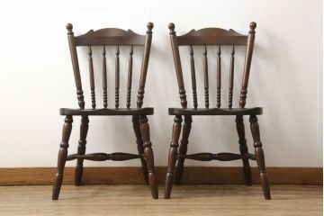 中古　美品　松本民芸家具　16型スピンドルチェア　ゆったりと座れるダイニングチェア2脚セット(板座チェア、椅子、イス)(R-059847)