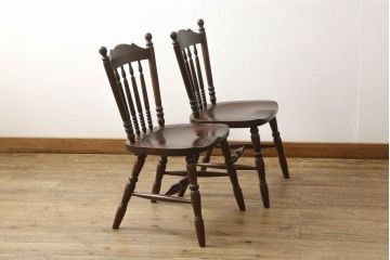 中古　美品　松本民芸家具　16型スピンドルチェア　ゆったりと座れるダイニングチェア2脚セット(板座チェア、椅子、イス)(R-059847)