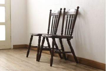 中古　美品　松本民芸家具　16型スピンドルチェア　ゆったりと座れるダイニングチェア2脚セット(板座チェア、椅子、イス)(R-059847)