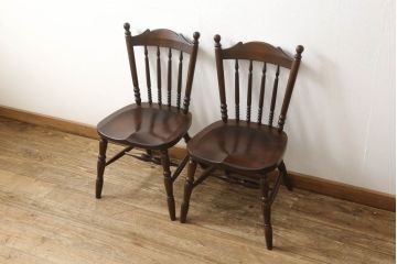 中古　美品　松本民芸家具　16型スピンドルチェア　ゆったりと座れるダイニングチェア2脚セット(板座チェア、椅子、イス)(R-059847)