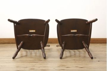 中古　美品　松本民芸家具　16型スピンドルチェア　ゆったりと座れるダイニングチェア2脚セット(板座チェア、椅子、イス)(R-059847)