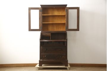 和製ビンテージ　希少　松本民芸家具　100型　モールガラスがレトロなビューロー(ビューローブックケース、ライティングビューロー、本箱、キャビネット、収納棚、戸棚、ワークデスク、在宅ワーク、在宅用、引き出し、ヴィンテージ)(R-059898)
